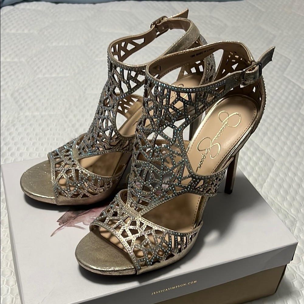 Jessica Simpson Gold Heels with Intricate Design